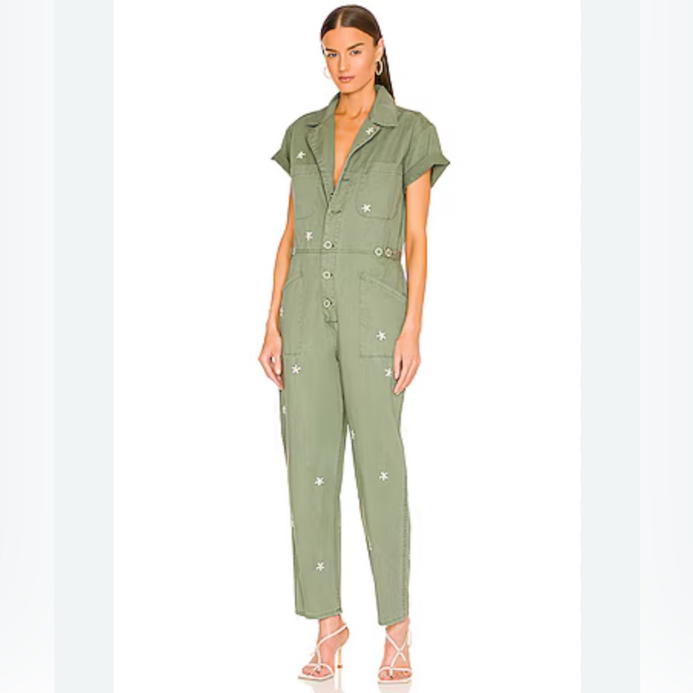 Pistola Grover Flower Embroidered Button-Front Utility Daisy Cargo Jumpsuit L